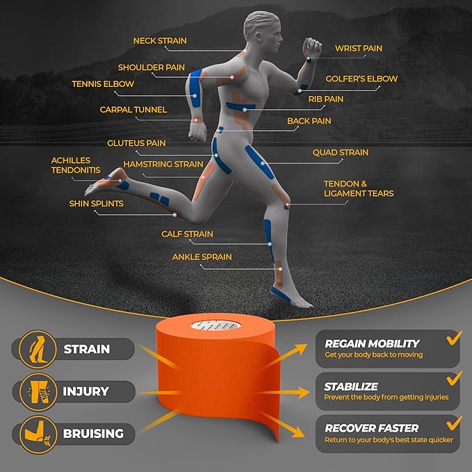 Kinesiology Tape-Incredible Support for Athletic Sports and Recovery+Free Taping Guide-Uncut 2 inch 16.4 feet Roll (Tiger Orange + Free Taping Guide, Pack of 1)