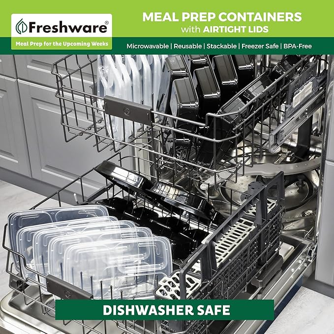 Freshware Meal Prep Containers 21 Count (Pack of 1), 3 Compartment with Lids, Food Storage Containers, Bento Box, Stackable, Microwave/Dishwasher/Freezer Safe (24 oz)
