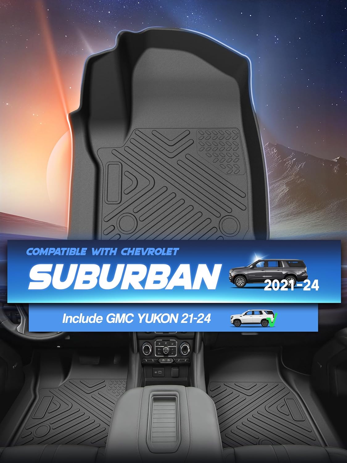 Floor Mat for 2021-2024 Chevrolet/Chevy Suburban/GMC Yukon XL (Only Fit 7seats),3 Row All Weather Protection Car Floor Liners,TPE Rubber Anti-Slip Full Set Custom Car Mats Accessories,Black