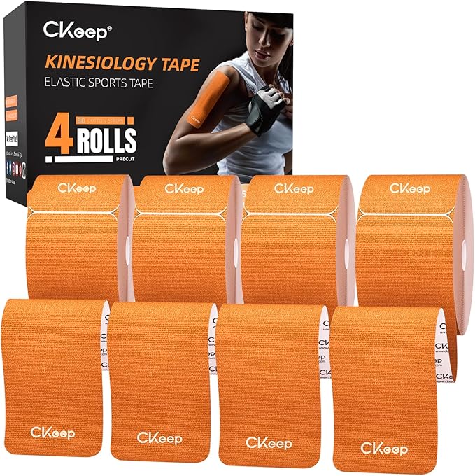 CKeep 4 Rolls Kinesiology Tape, Original Cotton Elastic Athletic Tape, 20 Precut 10" Strips Each, Orange, Ideal for Muscle Support & Injury Prevention