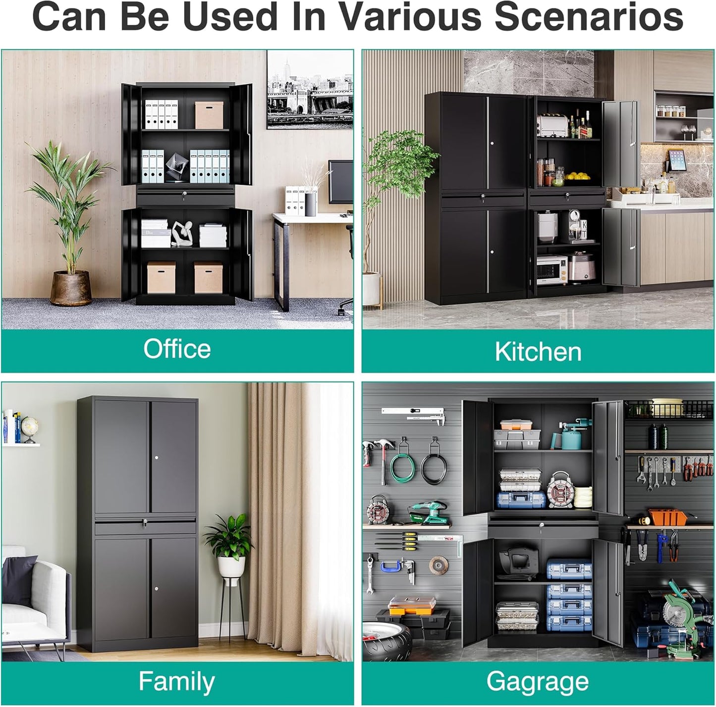 SISESOL Metal Garage Storage Cabinet with Drawer and Lock,Black Metal Storage Cabinet with Locking Doors and Adjustable Shelves,71" Tall Large Steel Tool Cabinets for Home,Office,Garage,Shop