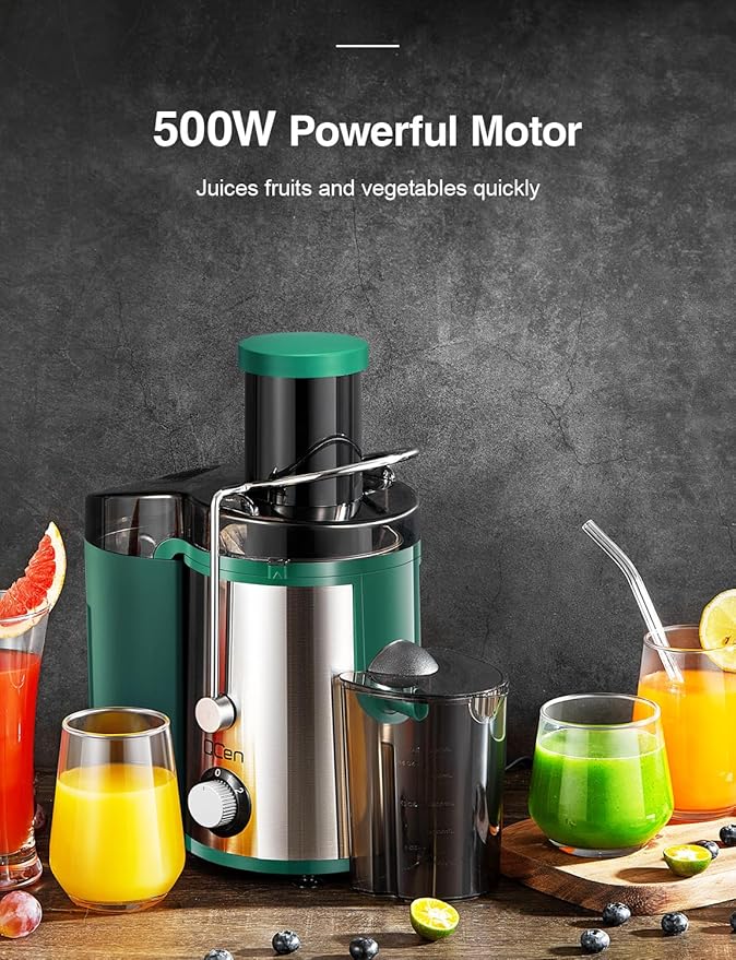 QCen Juicer Machine, 800W Centrifugal Juicer Extractor with Wide Mouth 3” Feed Chute for Fruit Vegetable, Easy to Clean, Stainless Steel, BPA-free (Green)