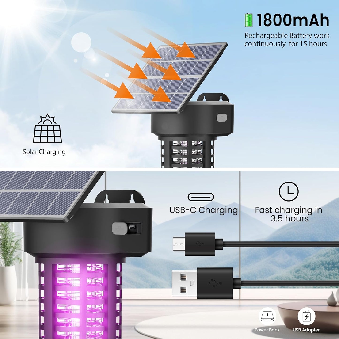 Solar Bug Zapper Outdoor 2 Pack, Garden Mosquito Zapper Waterproof & Cordless & Rechargeable & Auto On/Off，Flying Insect Zapper Mosquito Killer Lamp Catcher Decorative Light for Patio