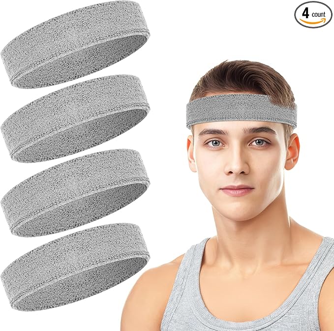 4 Pack Headbands for Men, Sweat Bands Headbands Men & Women, Cotton Terry Sweat Bands for Tennis, Basketball, Running, Gym, Working Out