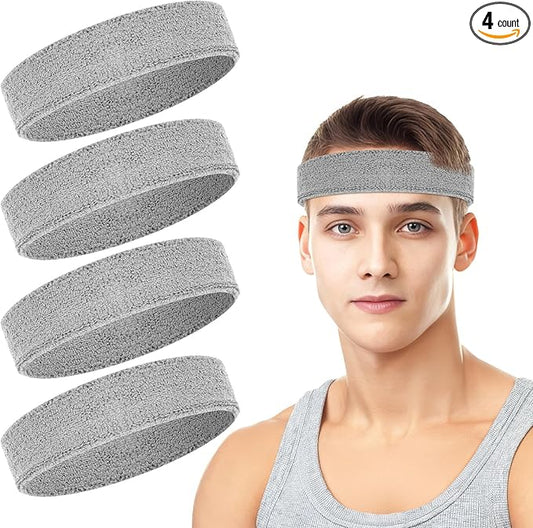4 Pack Headbands for Men, Sweat Bands Headbands Men & Women, Cotton Terry Sweat Bands for Tennis, Basketball, Running, Gym, Working Out