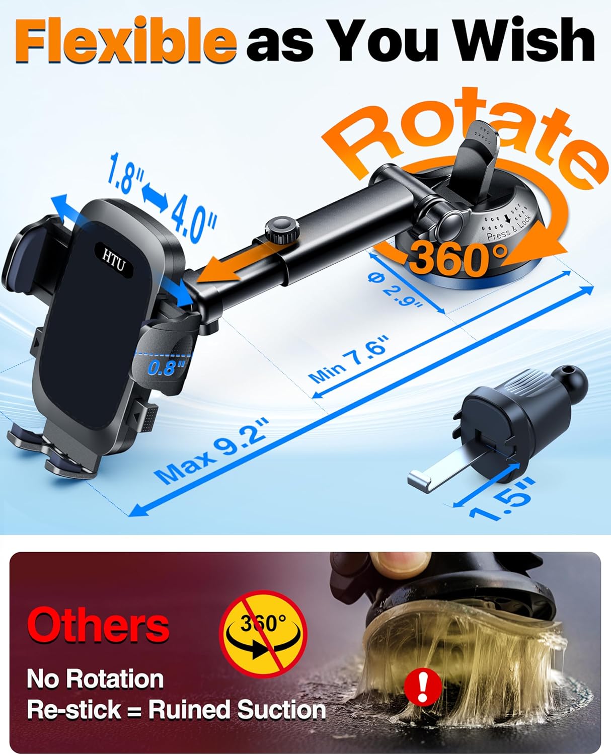 HTU 2025 Best Car Phone Holder 【Ultimate 5-in-1 & Upgraded 100+LBS Strongest Suction】【True Military-Grade & Safety Cert】 360° Windshield Dashboard Vent Mount for iPhone Android & Truck, Deep Black