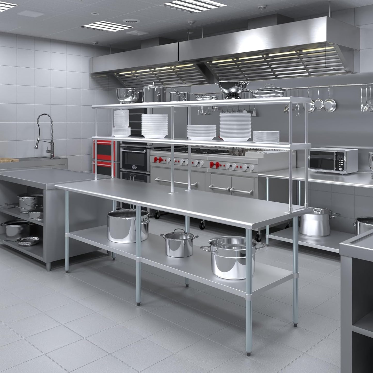 Amgood Stainless Steel Work Table Double Tier Overshelf | Metal Kitchen Prep Table & Shelving Combo (30" x 96" Work Table + 12" Overshelf)