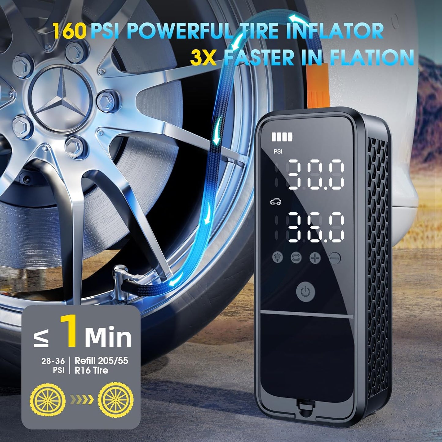 Tire Inflator Portable Air Compressor, 160 PSI Air Pump for Car Tires with Digital Pressure Gauge, Bike Tire Pump with LED Light Portable Tire Inflator for Car (Dark Gray)