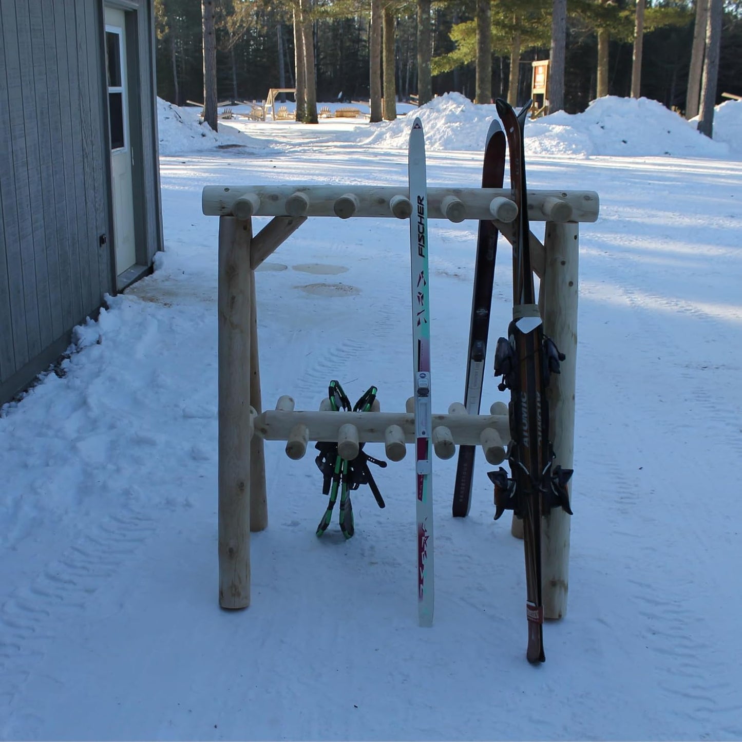 13-Place Freestanding Log Ski Rack Holder, Indoor & Outdoor Snowboard Racks, Standing Storage, Garage Racks for Snow Skis & Poles, Durable Snowboard Rack Garage Storage Organizer - Unfinished