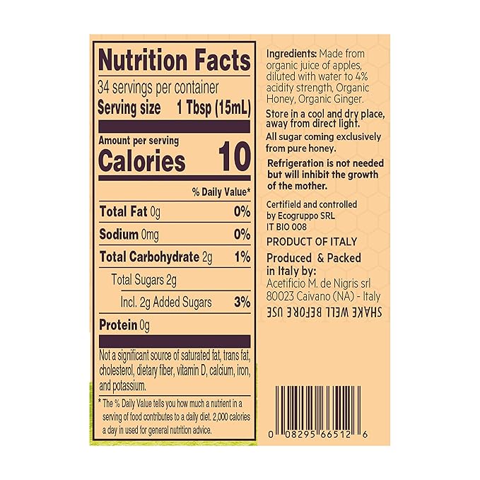 De Nigris Organic Apple Cider Vinegar With Honey & Ginger, Raw & Unfiltered 16,9 Oz (Pack of 2) | Apple Cider Vinegar With Mother For The Balance Of Metabolism, Organic