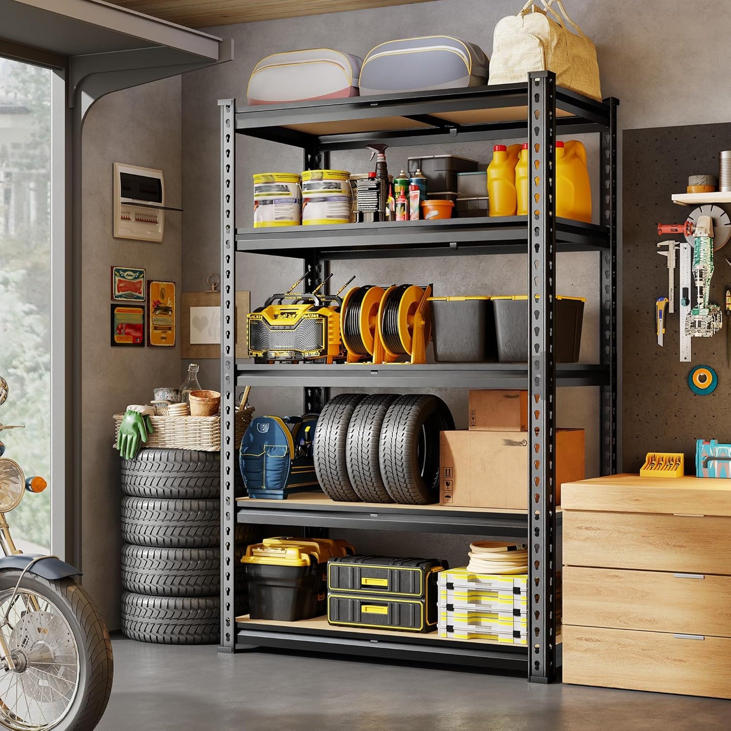 72.12" H Garage Shelving, Storage Shelves Load 2100LBS, 5-Tier Adjustable Shelving Unit with Thickened Wooden Boards for Multiple Scenarios, 72.12" H x 35.55" W x 11.85" D, Black, 4 Pack