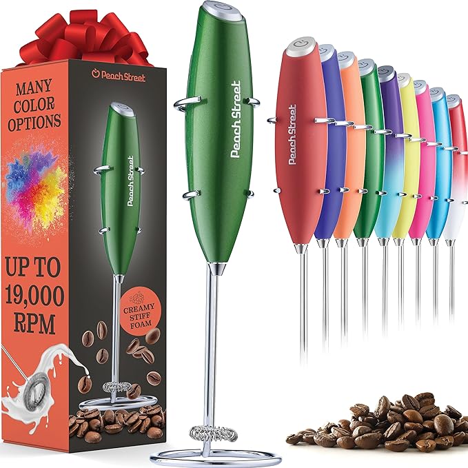 Powerful Handheld Milk Frother, Mini Milk Foamer, Battery Operated Stainless Steel Drink Mixer with Frother Stand