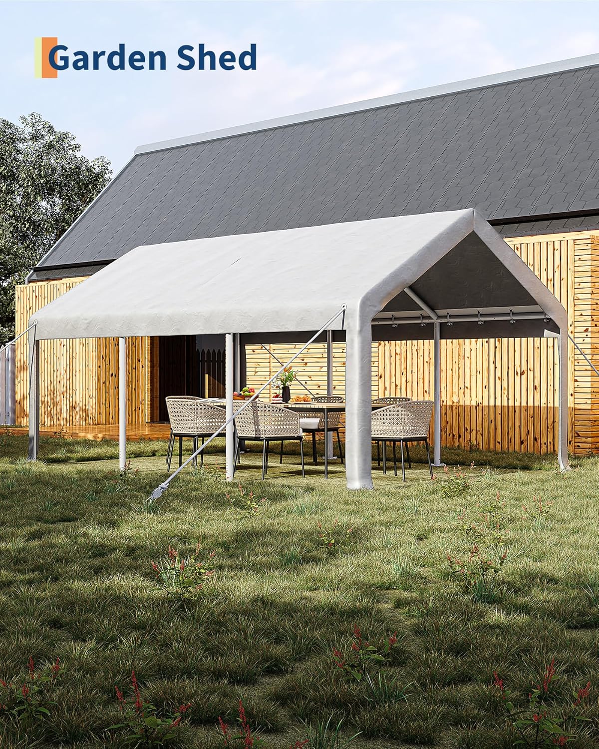 12x20 Ft Carport, Car Port with 200g PE Tarp, Roll-Up Doors, and 4 Windows, for Full-Size Pickups, Bass Boats, Tractors, and SUVs, White