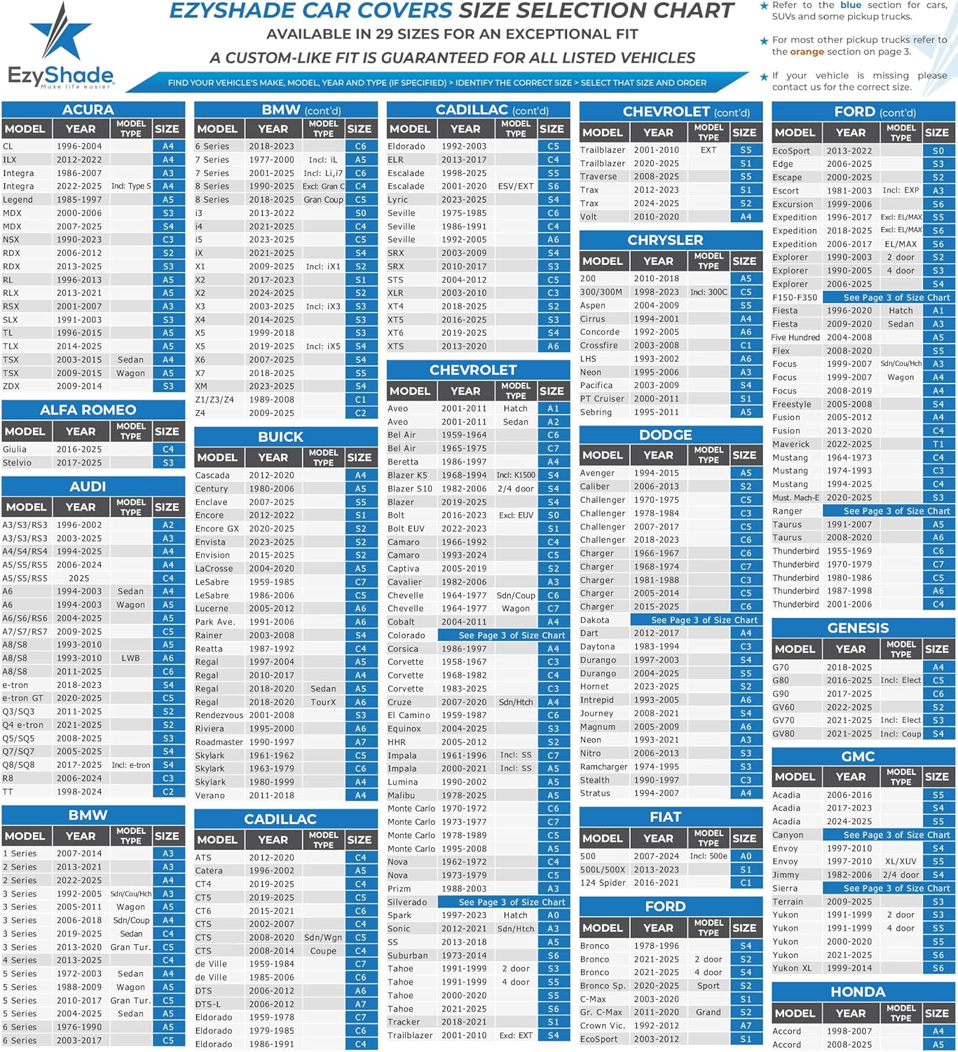 EzyShade 10-Layer Waterproof Sports Car Cover. See Vehicle Size-Chart for Accurate Fit. All Weather Outdoor Covers. Thunderbird Impala Grand Fury Classic Cars. Sun Snow Rain. Size C7 (See SizeChart)