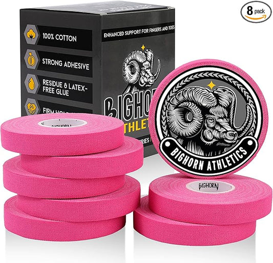 Bighorn Athletics Jiu Jitsu Finger Tape, Rock Climbing Tape | Multipurpose for Sports & Injuries: MMA, Volleyball, Football, Basketball, Tennis, Golf, Hands & Toes, 0.5-Inch x 45-feet, 8-Rolls, Pink
