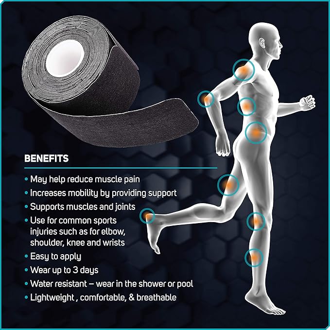 Care Science Waterproof Kinesiology Tape, 40 ct Precut Strips (2 Rolls), Black | Elastic Sports & Weightlifting Tape Supports Muscles & Joints. Water Resistant