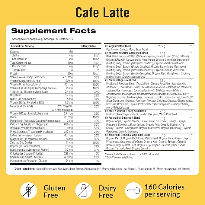 VitaHustle ONE Protein Coffee - Superfood Meal Replacement Powder, Plant Based Protein Shake Powder, Vegan. Superfoods, Vitamins, Ashwagandha, Functional Mushroom Blend (Cafe Latte) 15 Servings