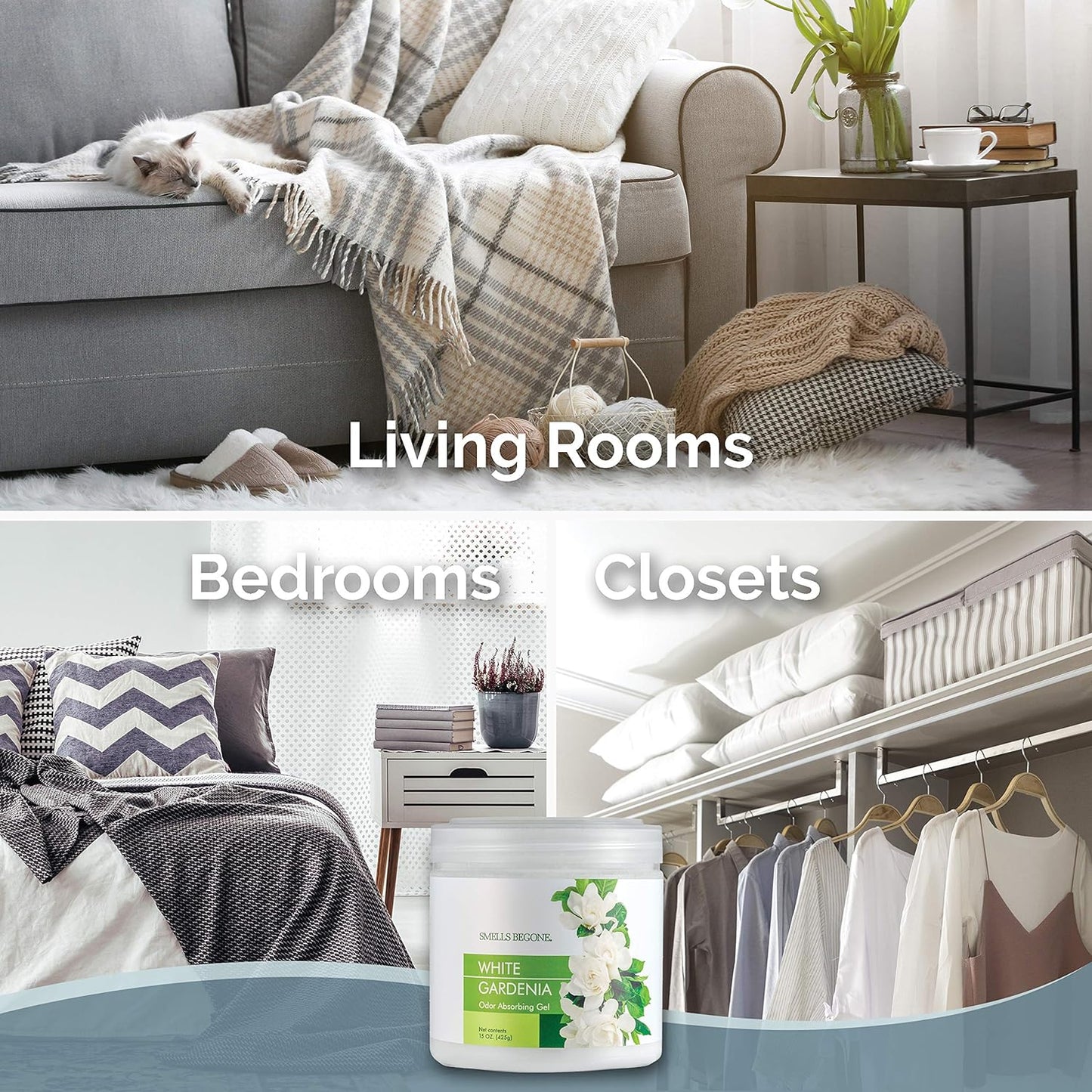 SMELLS BEGONE Air Freshener Odor Absorber Gel - 15 oz, Pack of 2 - Absorbs and Eliminates Odor in Pet Areas, Bathrooms, Cars, & Boats - Made with Essential Oils - White Gardenia Scent