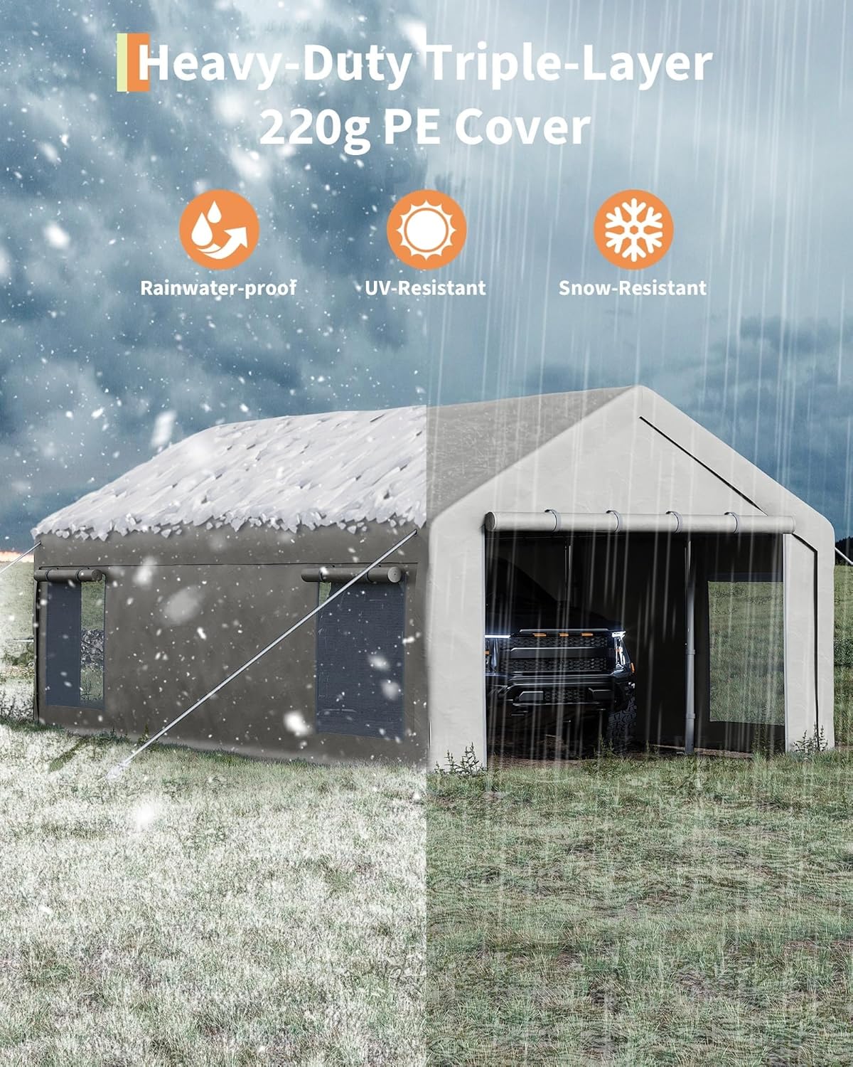 13x25 Ft Carport with 10 Sandbags, Car Port with 220g PE Tarp, 2 Roll-Up Doors, and 4 Windows, for Full-Size Pickups, Bass Boats, Tractors, and SUVs, White