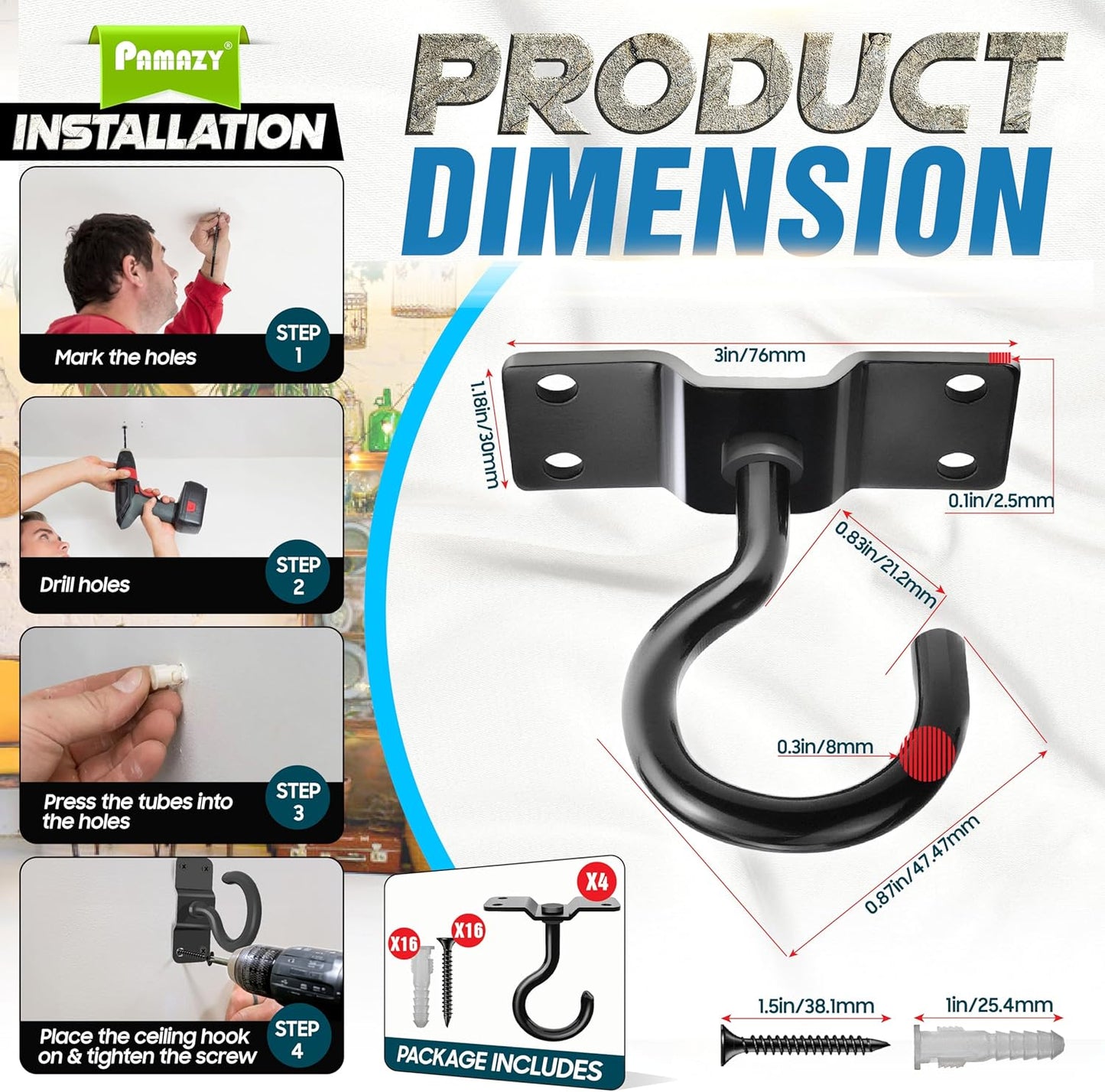 [UPGRADED] 4Pcs 200LBS Rotatable Ceiling Hooks with 4 Screw Points Base, Wall Mount Metal Hanger Black Ceiling Hook for Hanging Plant, Bird Feeder, Lights, Bed Canopy, Wind Chime, Indoor Outdoor Decor