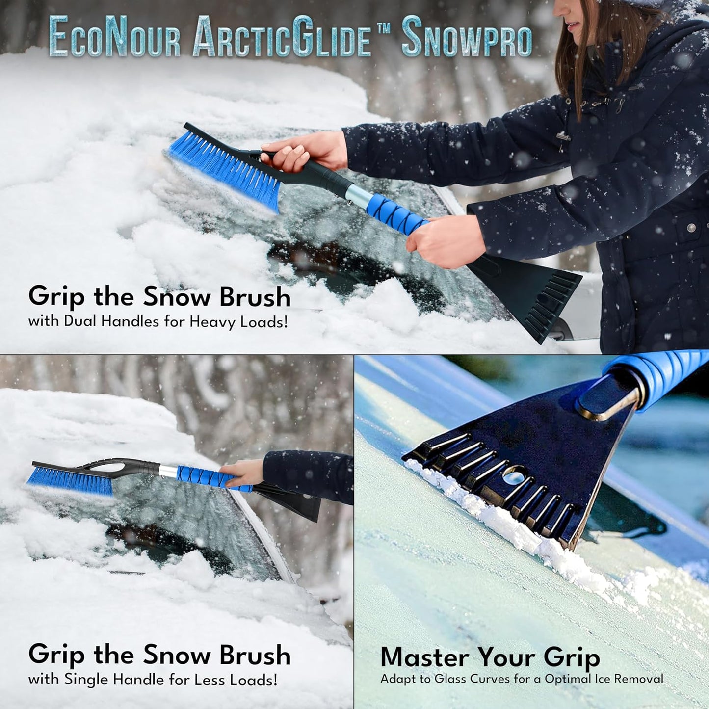 EcoNour 27" Aluminum Car Snow Scraper and Brush (Orange, Red, Green & Blue) | Weaved Bristle Head with Metal Body Ice Scraper for Car Windshield | Ice Scraper with Foam Grip Winter Accessory | 4 Pack