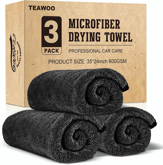 3-Pack Microfiber Towels for Cars (24" x 35"), Extra Large Super Absorbent Car Drying Towel, Drying Towel for Car & Trucks, Car Towels Drying with No Streaks & Scratches