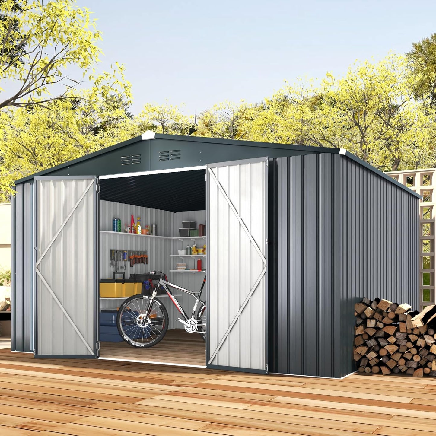 AECOJOY 12' x 10' Outdoor Storage Shed, Dark Grey Large 10x12 Sheds & Outdoor Storage Clearance with Lockable Doors, Utility and Tool Storage Garden Shed Backyard, Patio and Outside use