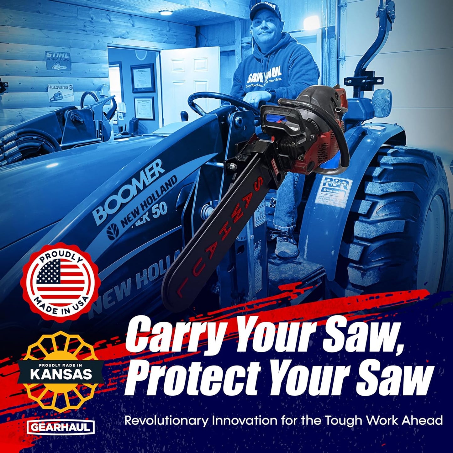 SawHaul Snap-Lok Universal Chainsaw Carrier Kit for Tractors and Skid Steers – 20 Inch Red Scabbard with Rotating Mount – Compatible with All Chainsaw Brands – Made in USA