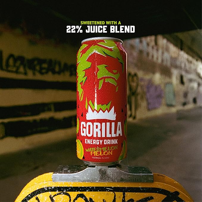 Gorilla Energy Drink, Watermelon Melon, 200mg Natural Caffeine, Real Fruit Juice Squeezed & Concentrated, L-Theanine, Taurine, Ginseng, Acetyl L-Carnitine, No Added Sugar and No Artificial Colors, 12 Pack