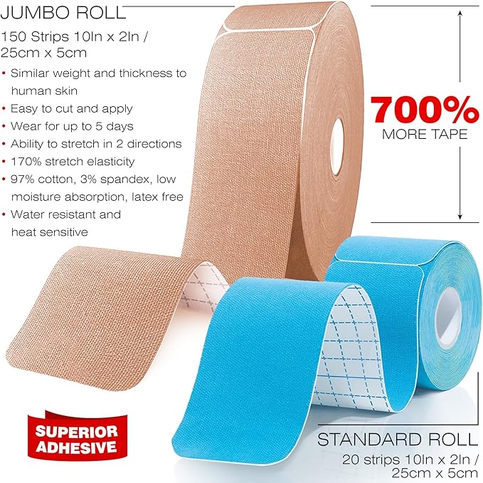 Original Kinesiology Athletic Tape. Professional Sports Tape for Ankle Wrist Knee Shoulder Muscles Joints. Latex Free, Waterproof, Stretchy, and Gentle on Skin. Up to 115 ft/Roll