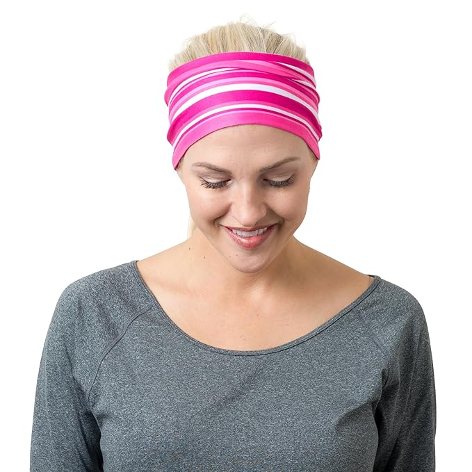 RiptGear Stretch Sport Headband for Women (Pink Solid and Striped) — Non-Slip Sweat Wicking Fabric Great for Yoga, Running or The Gym — Soft Headband That Fits Most Head Sizes — (2-Pack)