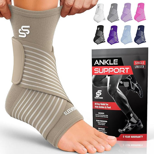Sleeve Stars Ankle Brace for Women & Men, Ankle Wrap for Sprained Ankle, Compression Sleeve for Plantar Fasciitis Relief, Easy Customizable Support: w/Removable Strap (Single/S:9"-10"/Beige)
