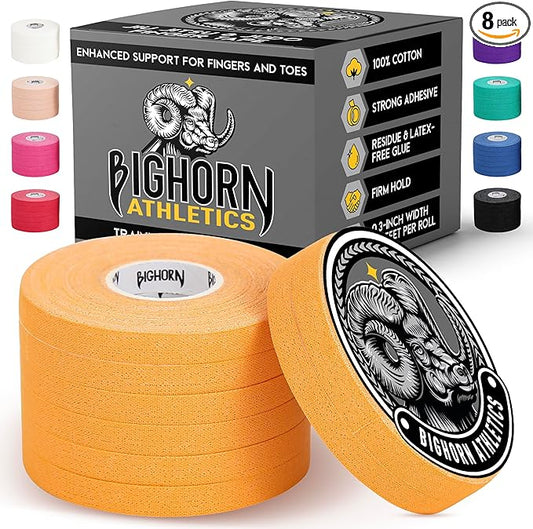 Bighorn Athletics Jiu Jitsu Finger Tape | Residue-Free Athletic Finger Tape for Sports & Injuries: Rock Climbing, Volleyball, Football, Basketball, Hands & Toes | 0.3-Inch x 45-feet, 8-Rolls, Orange
