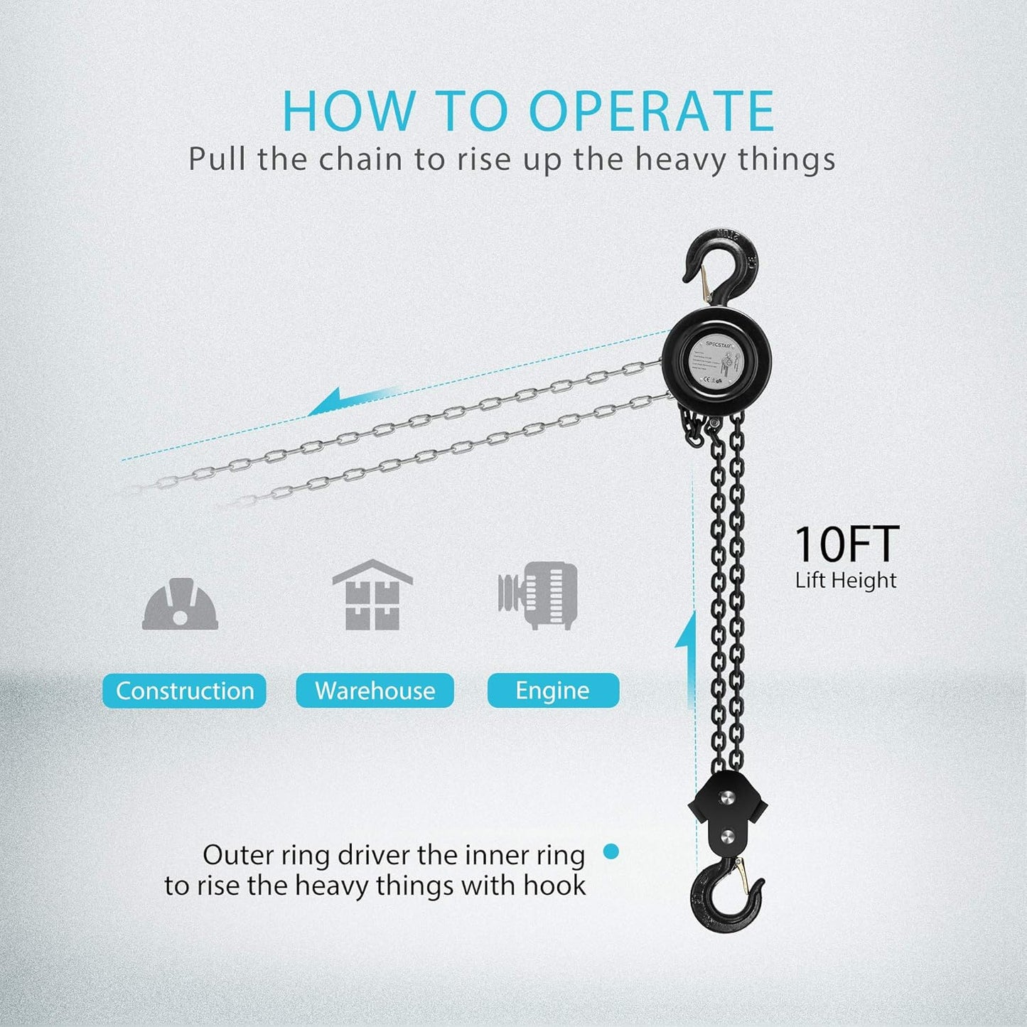 SPECSTAR Hand Chain Hoist 2 Ton 4400 Lbs Capacity 10 Feet with 2 Heavy Duty Hooks, Manual Chain Fall for Warehouse Building Automotive Machinery Black
