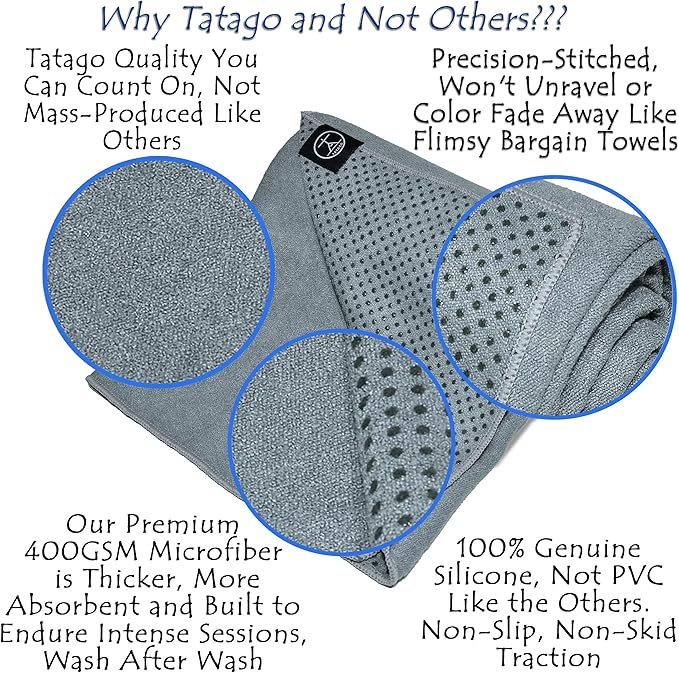 Tatago Hot Yoga Mat Towel Non Slip for Hot Yoga (72 inch) Our Hot Yoga Towel Non Slip Silicone Dabs & Absorbent Microfiber Blend Gives You More Grip As You Drip (Nube Gris-72, Standard - 72")