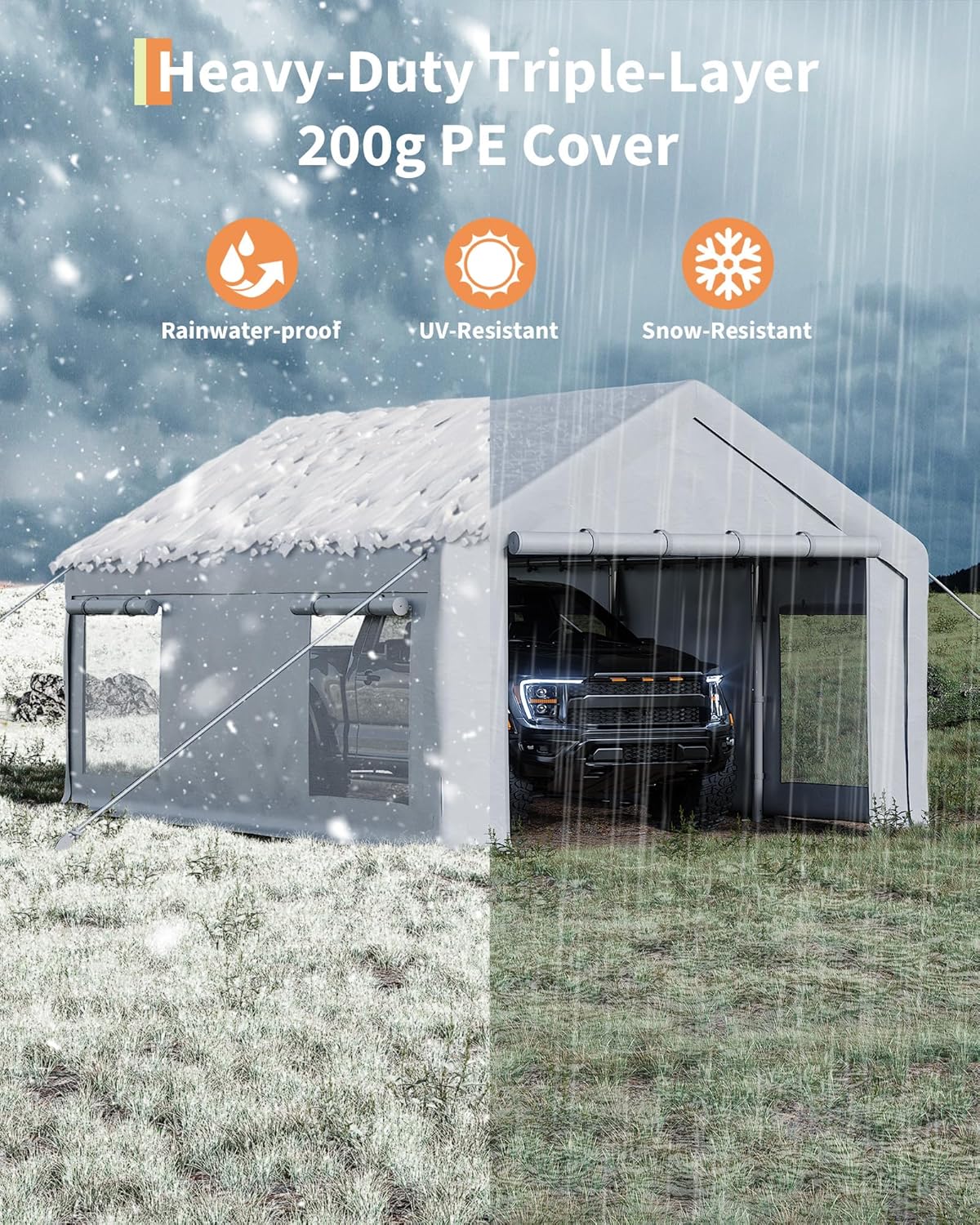 10x20 Ft Carport, Car Port with 200g PE Tarp, Roll-Up Doors, and 4 Windows, for Sedans, Bass Boats, Motos, ATVs, and SUVs, White