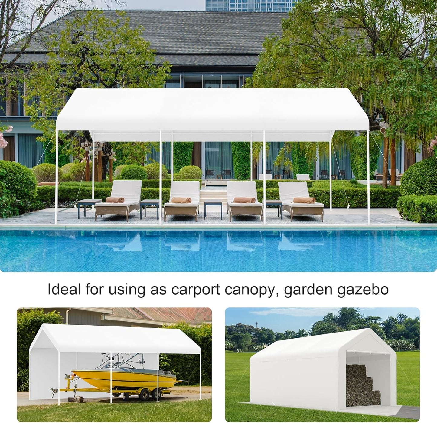 Carport 10x20 Heavy Duty Portable Garage w/Removable Sidewalls & Roll-Up Door Car Canopy Party Tents Waterproof UV Resistant All Weather Car Port for Trucks,Boats (White)