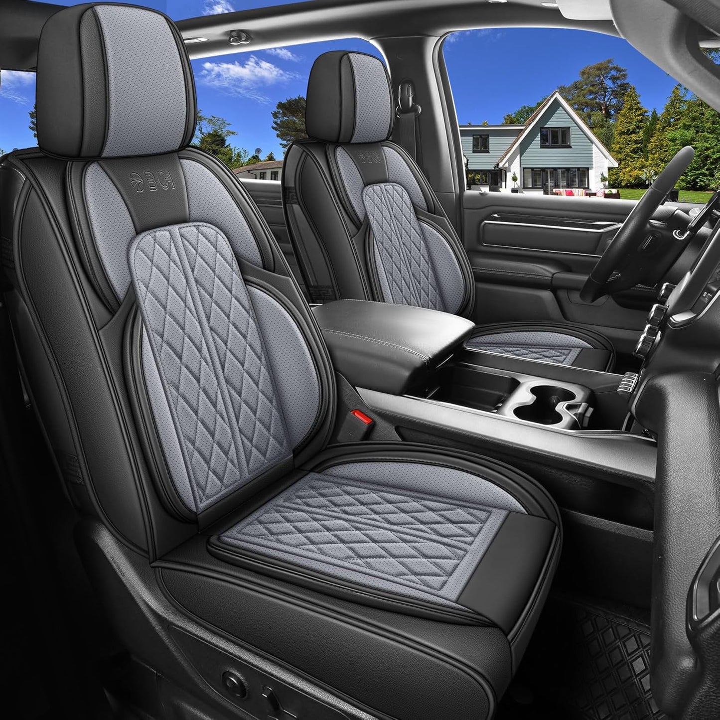 Car Seat Cover Custom Fit for Dodge Ram 1500 2500 3500 2002-2024 Faux Leather Seat Cover Set Compatible with Crew Quad Regular Cab Pickup Truck Cushions (Black & Grey, Front Seat)