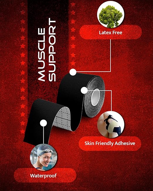 WOD Nation Kinesiology Tape Roll 6-Pack Latex Free, Waterproof Athletic and Sports Tape for Pain Relief - Supports & Stabilizes Knee, Muscles, Joints - 2in x 16.4ft Per Roll, Black