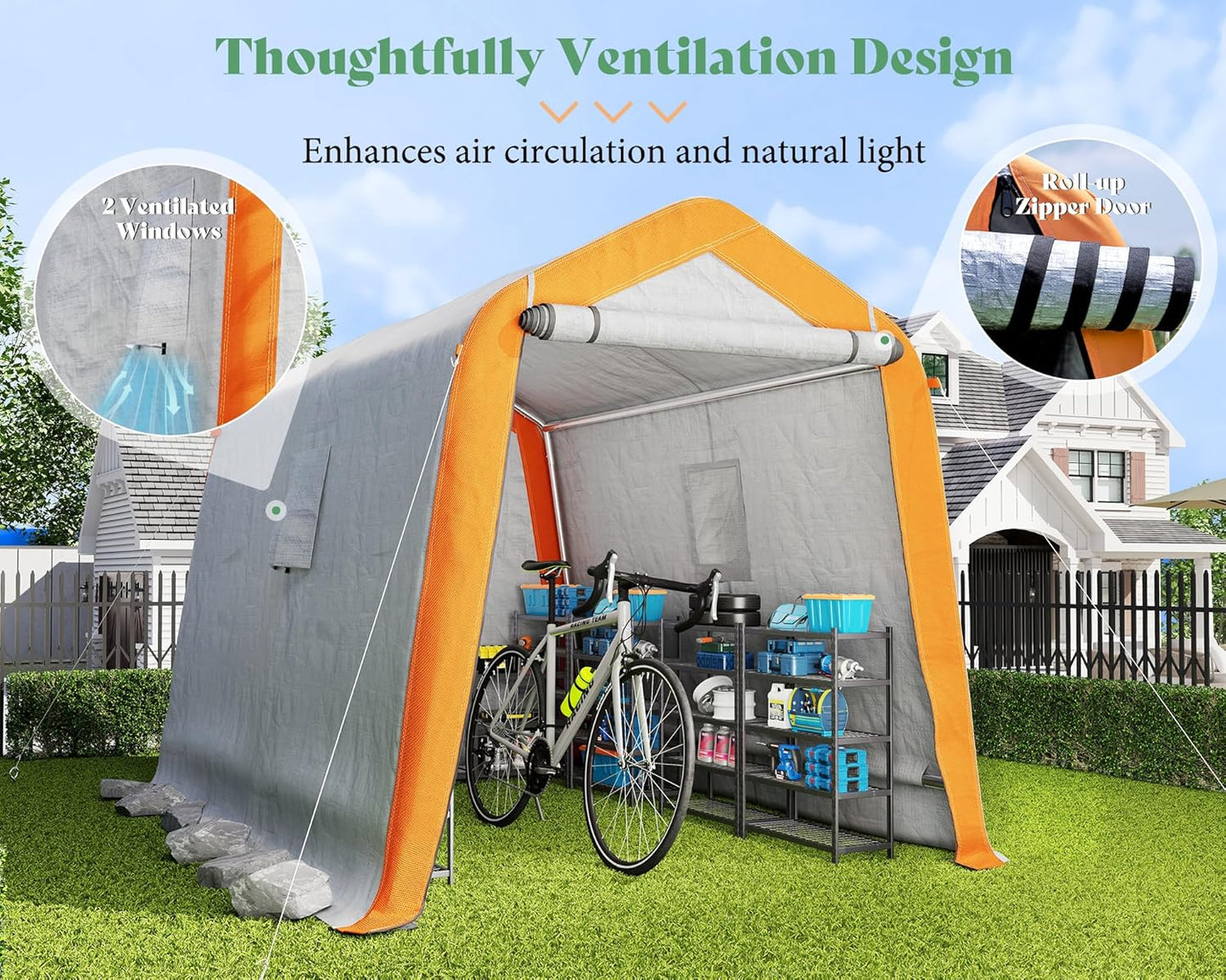 AMERLIFE 6x8x6.6 FT Heavy Duty Portable Shed Storage Shelter, Outdoor Storage Shed with 2 Waterproof Windows & Roll-Up Zipper Door, Carport for Motorcycle, Bike, Grey