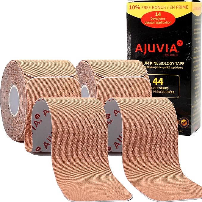 AJUVIA Synthetic Kinesiology Tape, 2 Rolls, 10% Bonus, 40 + 4 Precut Strips, Lasts up to 14 Days, Hypoallergenic and Waterproof K Tape for Muscle Pain Relief and Joint Support