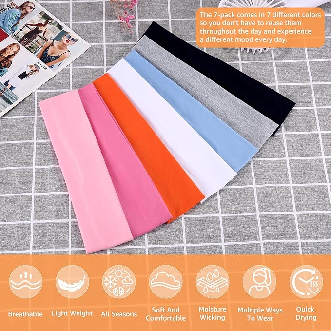 Headbands for Women Non Slip - 7PCS Fashion Sports Hair Bands for Women's Hair, Soft Cotton Cloth Stretchy Headbands for Women for Workout Yoga Running