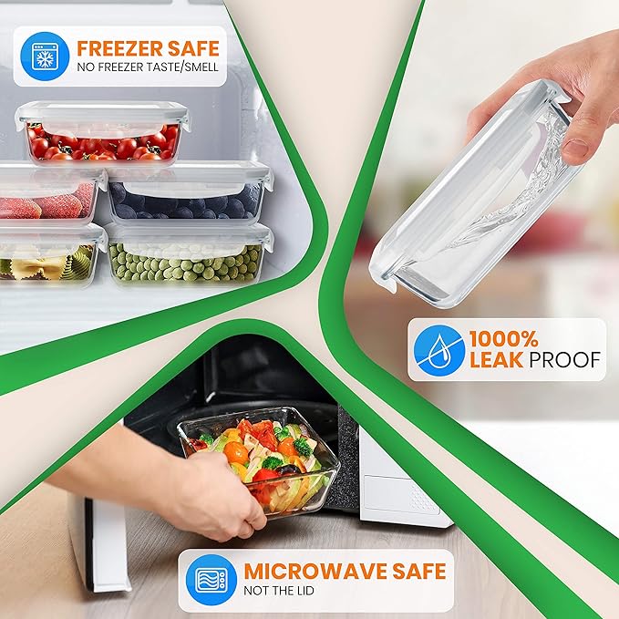 NutriChef 10-Piece Superior Glass Food Storage Containers Set (5 Containers + 5 Locking Lids),Stackable Meal-prep Design, BPA-free Airtight Clear Locking lids with Vent Lids & Air Hole, NCCLX5