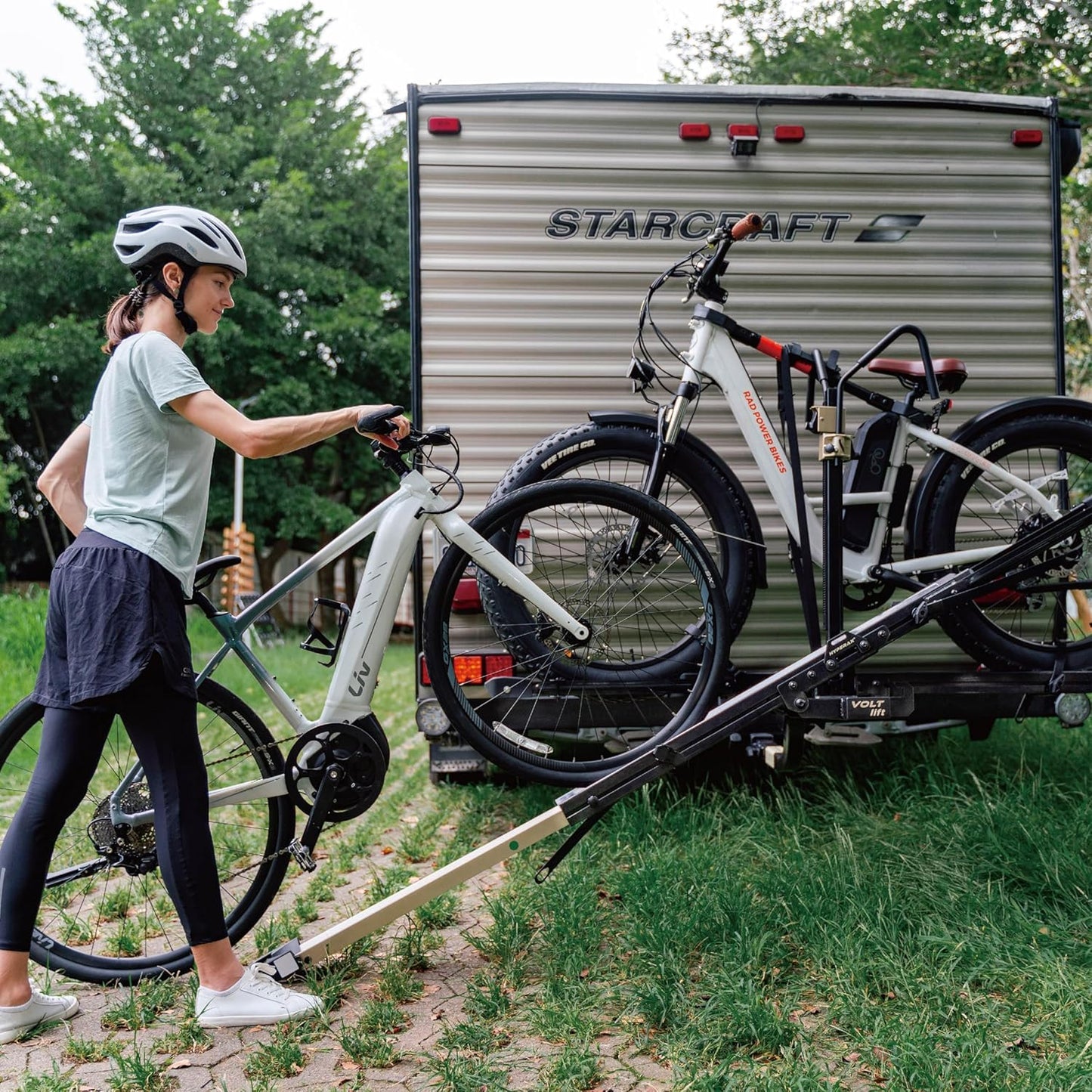 HYPERAX Patented Lift Assisted Volt Lift RV Rated Hitch Mounted 2 E Bike Rack Carrier Up to 2X 80lbs eBikes with Up to 5" Fat Tires for RV and SUV