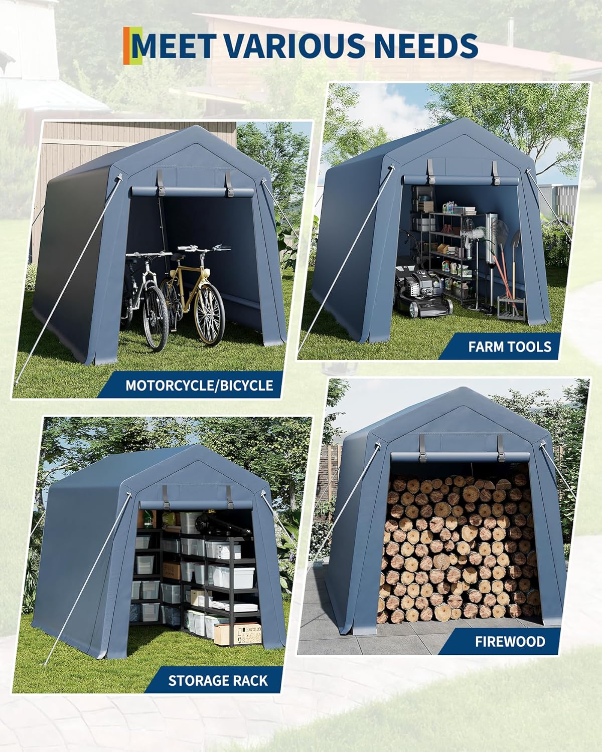 10x15FT Outdoor Storage Shed, Portable Carport with Roll-up Ventilated Zipper Door and Windows, Heavy Duty Waterproof Tarp, Storage Sheds for Motorcycle, Bike, Firewood, Garden Tools