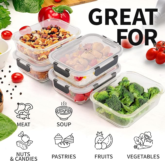 Zulay Kitchen 5 Pack Glass Meal Prep Containers with Lids - Airtight, Premium Borosilicate Glass Food Storage Containers - Microwave, Freezer & Oven Safe, BPA Free - Gray