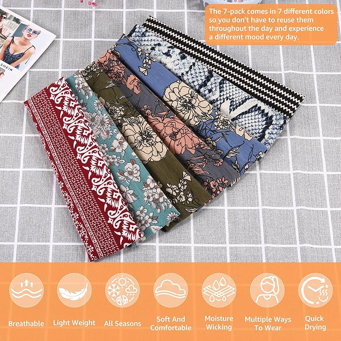 Headbands for Women Non Slip - 7PCS Fashion Sports Hair Bands for Women's Hair, Soft Cotton Cloth Stretchy Headbands for Women for Workout Yoga Running
