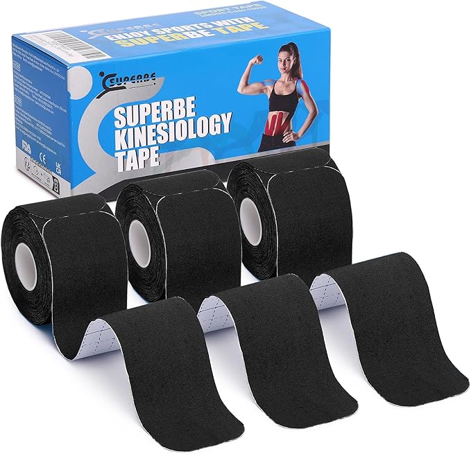 SUPERBE Precut Kinesiology Tape (3 Rolls Pack), Elastic Sports Tape for Pain Relief, Muscle Support, Recovery and Physio Therapy, Breathable, Waterproof (Black)