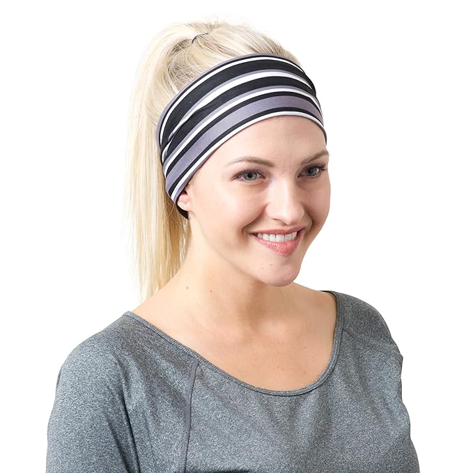 RiptGear Stretch Sport Headband for Women (Black Solid and Striped) — Non-Slip Sweat Wicking Fabric Great for Yoga, Running or The Gym — Soft Headband That Fits Most Head Sizes — (2-Pack)