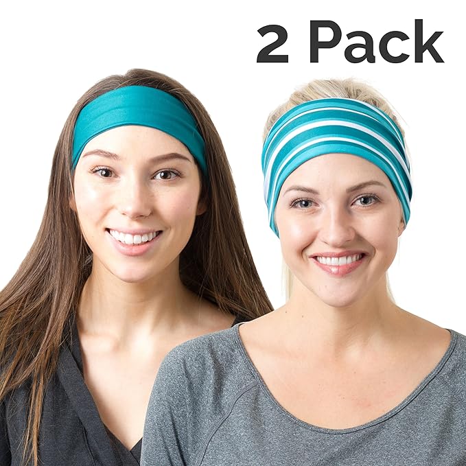 RiptGear Stretch Sport Headband for Women (Teal Solid and Striped) — Non-Slip Sweat Wicking Fabric Great for Yoga, Running or the Gym — Soft Headband that Fits Most Head Sizes — (2-Pack)